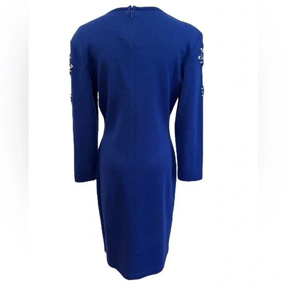 90s OUTLANDER ROYAL BLUE KNIT BODYCON MIDI DRESS & BLUE GEM & PEARL ACCENTS SZ M - Picture 5 of 7